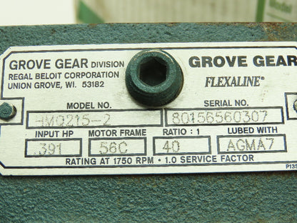 Grove Gear HMQ215-2 Flexaline Gearbox 40:1 Reducer .39Hp 44 RPM Hollow Shaft 56C