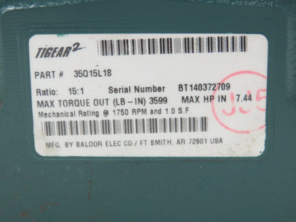 Dodge 35Q15L18 Tigear 2 Worm Gearbox 15:1 Reducer 7.4Hp 117 RPM LH 180TC