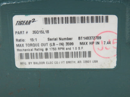 Dodge 35Q15L18 Tigear 2 Worm Gearbox 15:1 Reducer 7.4Hp 117 RPM LH 180TC