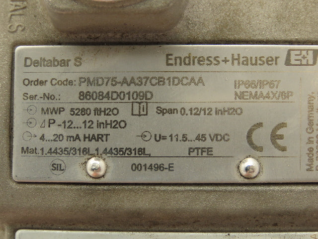 Endress+Hauser PMD75-AA37CB1DCAA Deltabar S Pressure Transmitter 0.12/12H2O