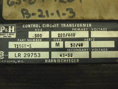 P&H Harnischfeger 71988-1 Control Transformer 500 VA HV 220/440V LV 45/50V