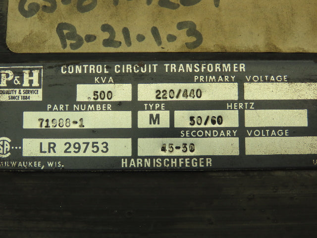 P&H Harnischfeger 71988-1 Control Transformer 500 VA HV 220/440V LV 45/50V