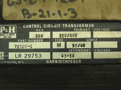 P&H Harnischfeger 71988-1 Control Transformer 500 VA HV 220/440V LV 45/50V
