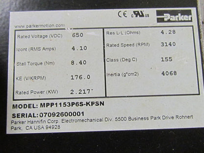Parker EMX060995 Electric Ball Screw Actuator Cylinder MPP1153P6S-KPSN Motor