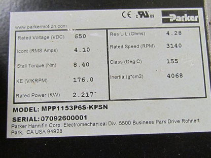 Parker EMX060995 Electric Ball Screw Actuator Cylinder MPP1153P6S-KPSN Motor
