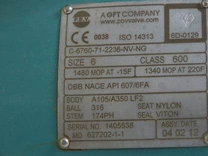 PBV 6700 Series 6" Flanged #600 Trunnion Ball Valve Handwheel Gear Operator