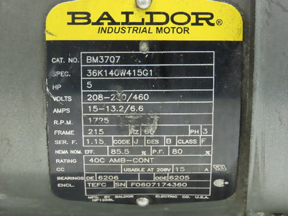 Baldor BM3707 Inline Gearmotor 5Hp 230/460V 3PH 15:1 Tigear Reducer 115 RPM