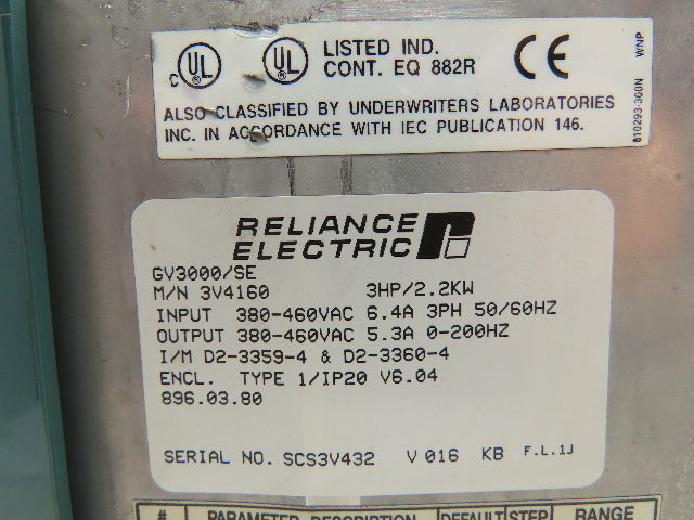 Reliance Electric 3V4160 Sensorless Enhanced AC Drive 3Hp 460V 3Ph