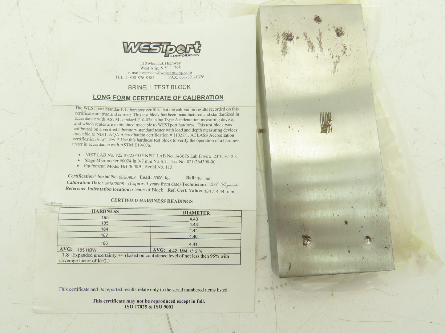Westport Hardness Test Block 185 HBW 4.42MM
