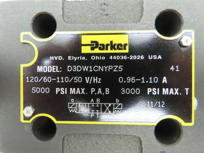 Parker D3DW1CNYPZ5 Hydraulic Directional Control Solenoid Valve 3-Pos 120V D05