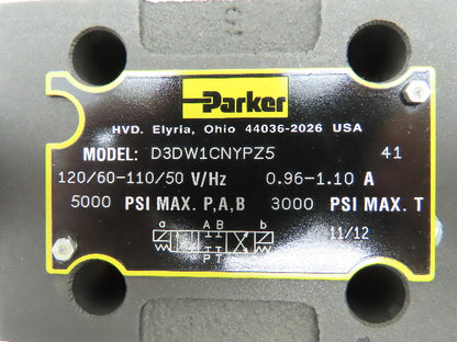 Parker D3DW1CNYPZ5 Hydraulic Directional Control Solenoid Valve 3-Pos 120V D05