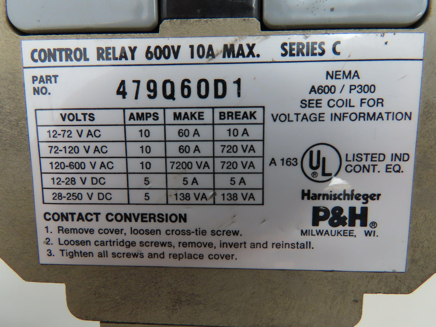 P&H Harnischfeger 479Q60D1 Control Relay 120V Coil 2 Contact Blocks