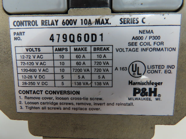 P&H Harnischfeger 479Q60D1 Control Relay 120V Coil 2 Contact Blocks