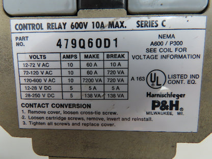 P&H Harnischfeger 479Q60D1 Control Relay 120V Coil 2 Contact Blocks