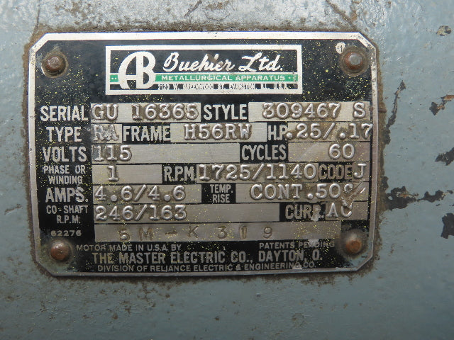 Buehler/Reliance 309467-S Gearmotor 115V .25/.17HP 1725RPM H56RW 3/4" Shaft