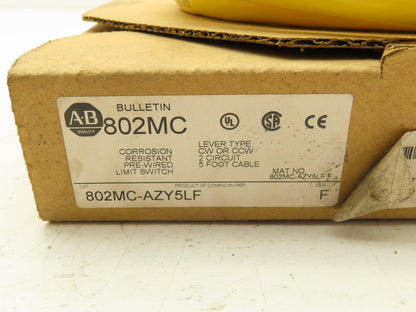 Allen Bradley 802MC-AZY5LF Limit Switch Lever Type 5' Pre Wired 24V DC 2 Circuit