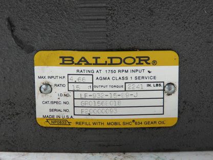 Baldor LF-932-15-B9-J Worm Gearbox Reducer 15:1 Ratio 4.6Hp 117 RPM RH 180TC