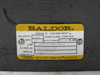 Baldor LF-932-15-B9-J Worm Gearbox Reducer 15:1 Ratio 4.6Hp 117 RPM RH 180TC