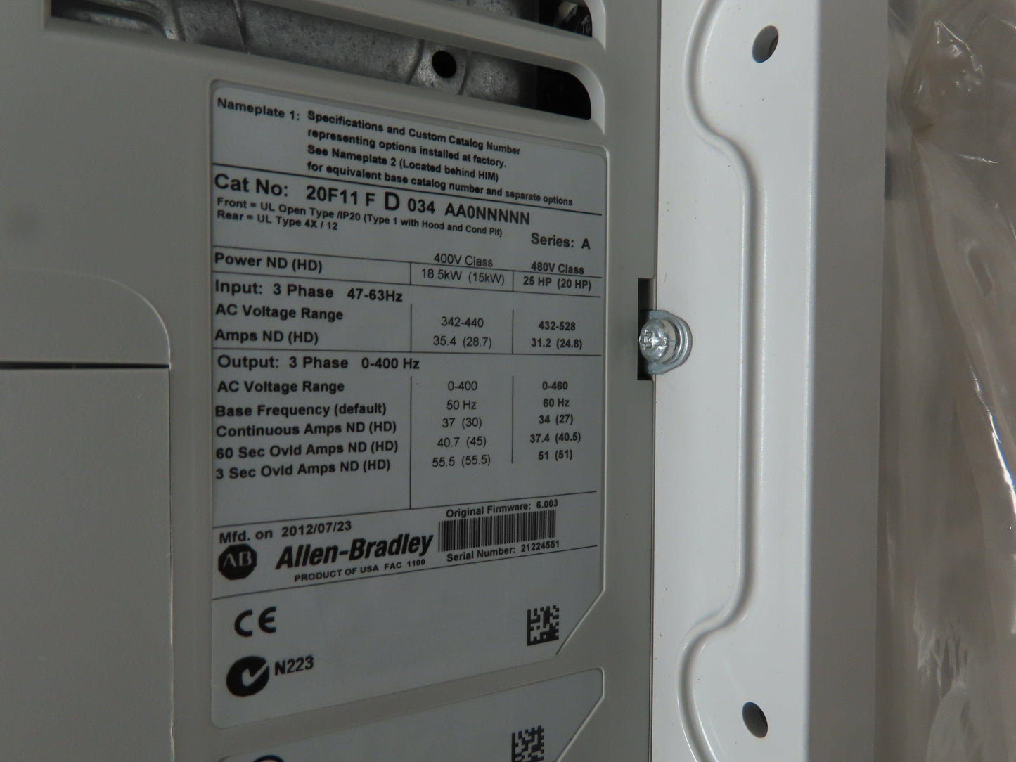 Allen Bradley 20F11FD034AA0NNNNN Powerflex 753 AC Drive VFD 480V 25HP 3Ph 34A