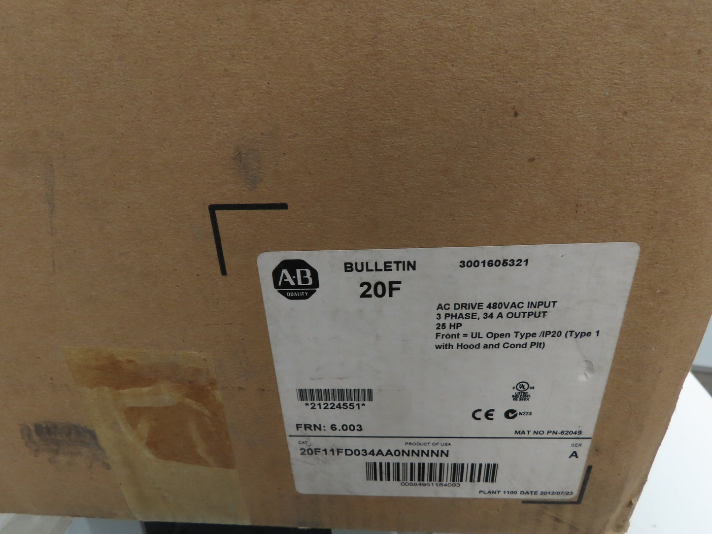 Allen Bradley 20F11FD034AA0NNNNN Powerflex 753 AC Drive VFD 480V 25HP 3Ph 34A