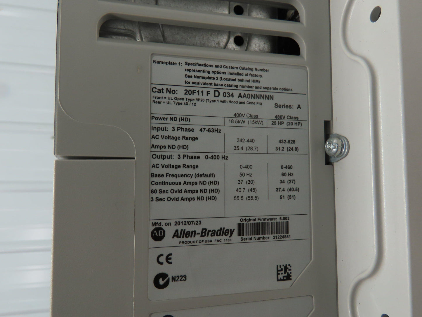 Allen Bradley 20F11FD034AA0NNNNN Powerflex 753 AC Drive VFD 480V 25HP 3Ph 34A