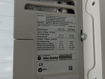Allen Bradley 20F11FD034AA0NNNNN Powerflex 753 AC Drive VFD 480V 25HP 3Ph 34A