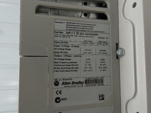 Allen Bradley 20F11FD034AA0NNNNN Powerflex 753 AC Drive VFD 480V 25HP 3Ph 34A
