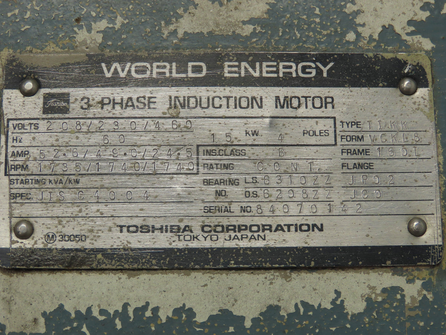 Toshiba TIKK VCKL8 World Energy AC Motor 15kW 20Hp 1740 RPM 230/460V 3PH 4P 160L