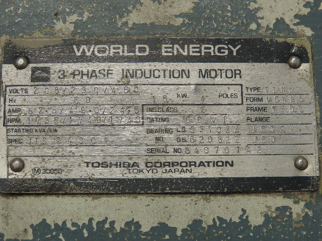 Toshiba TIKK VCKL8 World Energy AC Motor 15kW 20Hp 1740 RPM 230/460V 3PH 4P 160L