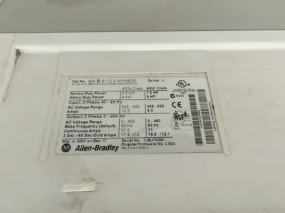 Allen Bradley 20AD011C3AYYAEC0 Powerflex 70 AC Drive VFD 480V 7.5Hp 11A IP66