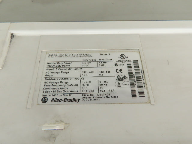 Allen Bradley 20AD011C3AYYAEC0 Powerflex 70 AC Drive VFD 480V 7.5Hp 11A IP66
