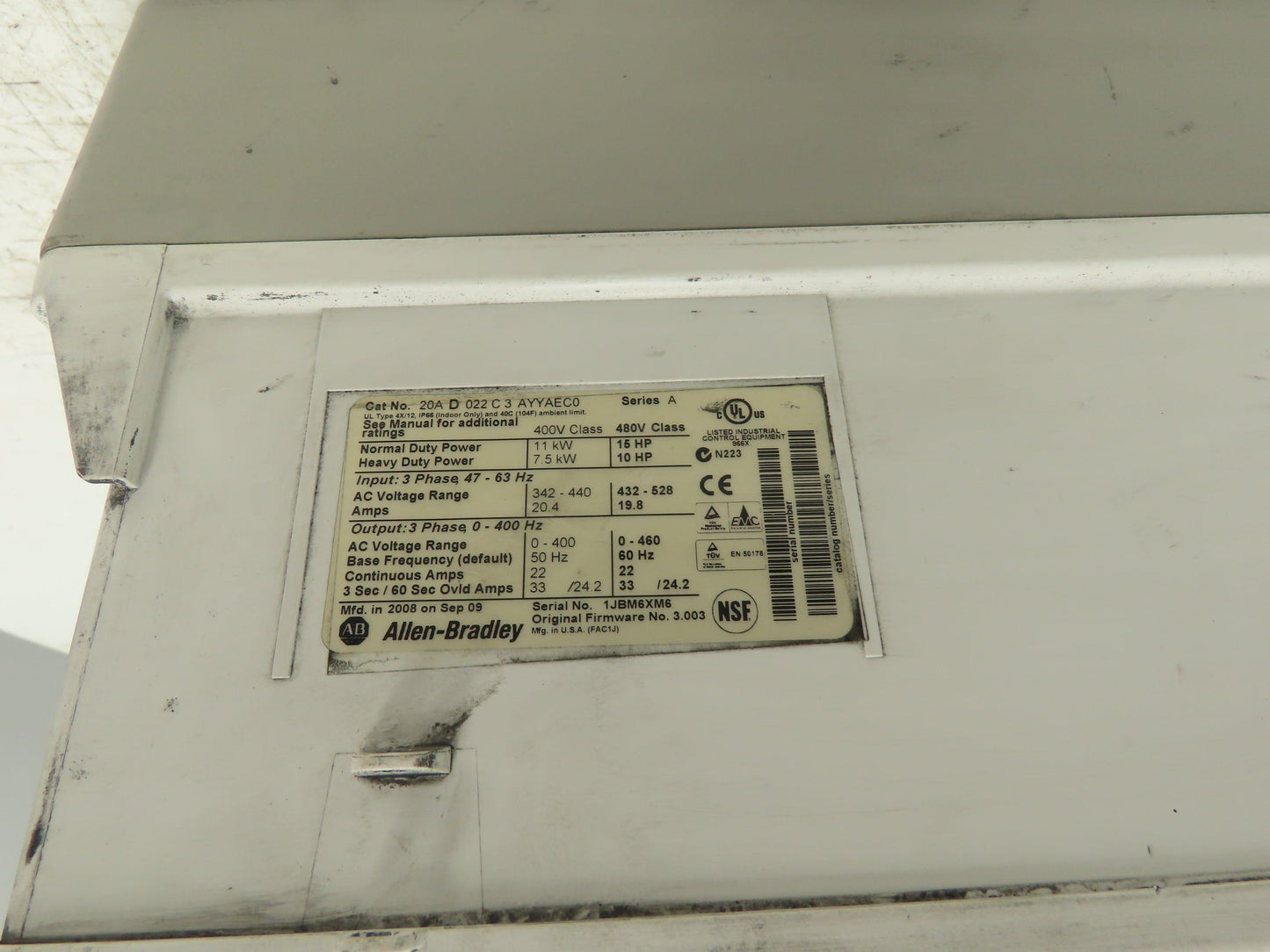 Allen Bradley 20AD022C3AYYAEC0 Powerflex 70 AC Drive VFD 480V 15HP 22A 3Ph IP66