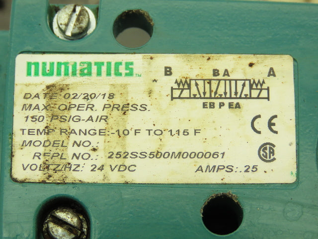 Numatics 252SS500M000061 Mark 25  2-Station Solenoid Valve Block 3-Pos 24VDC