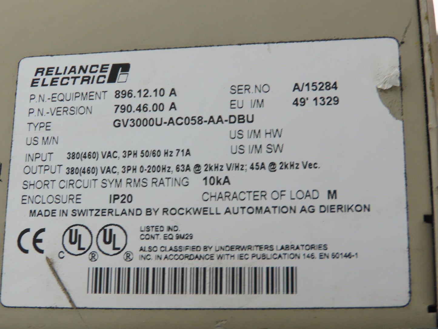 Reliance Electric GV3000U-AC058-AA-DBU GV3000 AC Drive VFD 460V 3Ph 63A