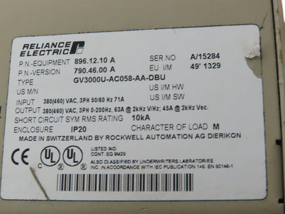 Reliance Electric GV3000U-AC058-AA-DBU GV3000 AC Drive VFD 460V 3Ph 63A