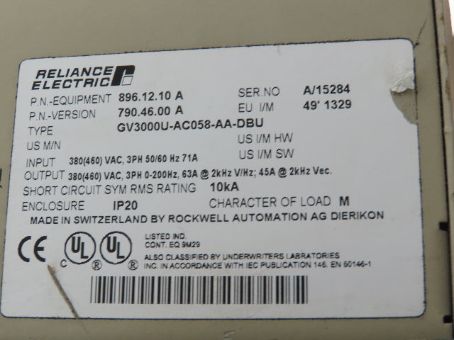 Reliance Electric GV3000U-AC058-AA-DBU GV3000 AC Drive VFD 460V 3Ph 63A
