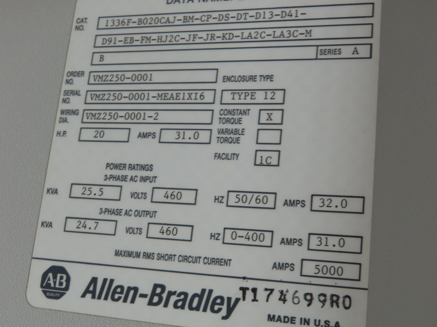 Allen Bradley 1201-HJ2 Sensorless Vector VFD Electrical Enclosure 61x34x14"