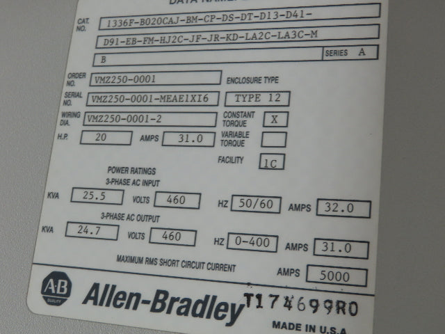 Allen Bradley 1201-HJ2 Sensorless Vector VFD Electrical Enclosure 61x34x14"