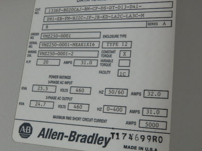 Allen Bradley 1201-HJ2 Sensorless Vector VFD Electrical Enclosure 61x34x14"