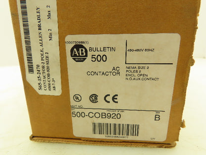Allen Bradley 500-COB920 Motor Starter Contactor 600VAC Nema 2 Ser B 480V Coil