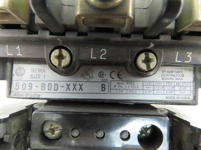 Allen Bradley 509-BOD-XXX Motor Starter Contactor Relay 120V Coil 600VAC 10HP