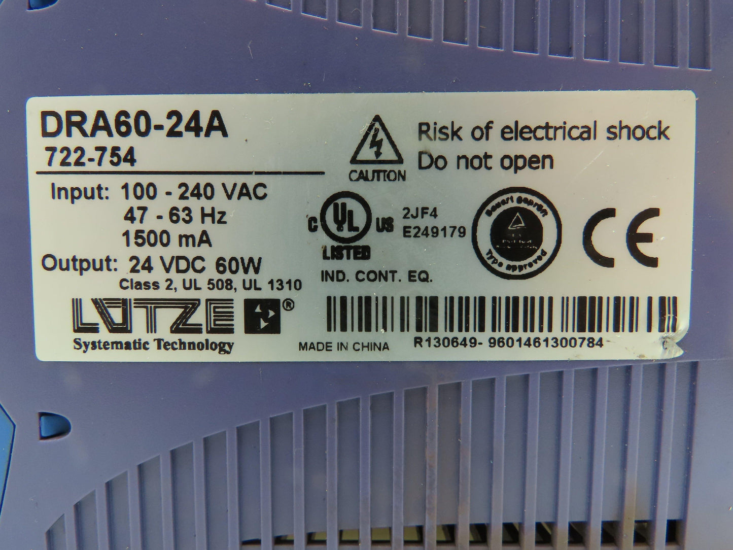 Lutze DRA60-24A Power Supply 24VDC 60W Output Lot of 3