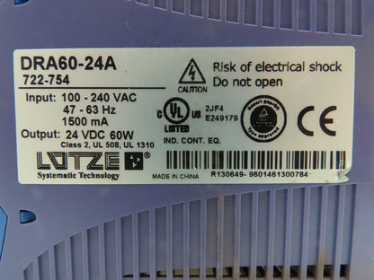Lutze DRA60-24A Power Supply 24VDC 60W Output Lot of 3