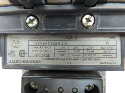 Allen Bradley 500-COB930 Motor Starter Contactor 600VAC 45A 3Ph 480V Ser A
