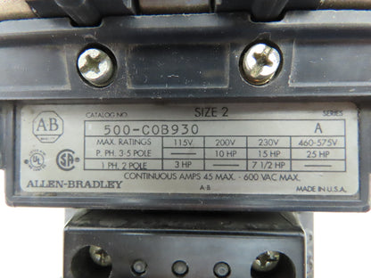 Allen Bradley 500-COB930 Motor Starter Contactor 600VAC 45A 3Ph 480V Ser A