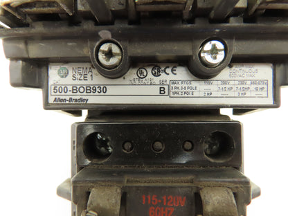 Allen Bradley 500-BOB930 Motor Starter Contactor 600VAC 3Ph 10HP 120V Ser B