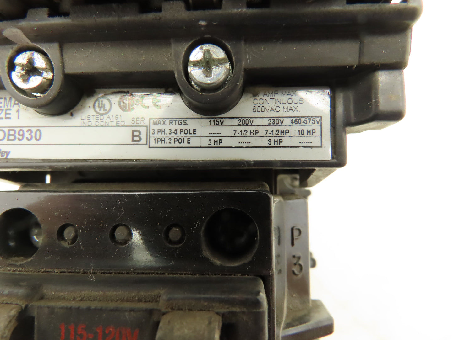 Allen Bradley 500-BOB930 Motor Starter Contactor 600VAC 3Ph 10HP 120V Ser B