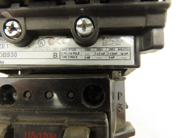 Allen Bradley 500-BOB930 Motor Starter Contactor 600VAC 3Ph 10HP 120V Ser B