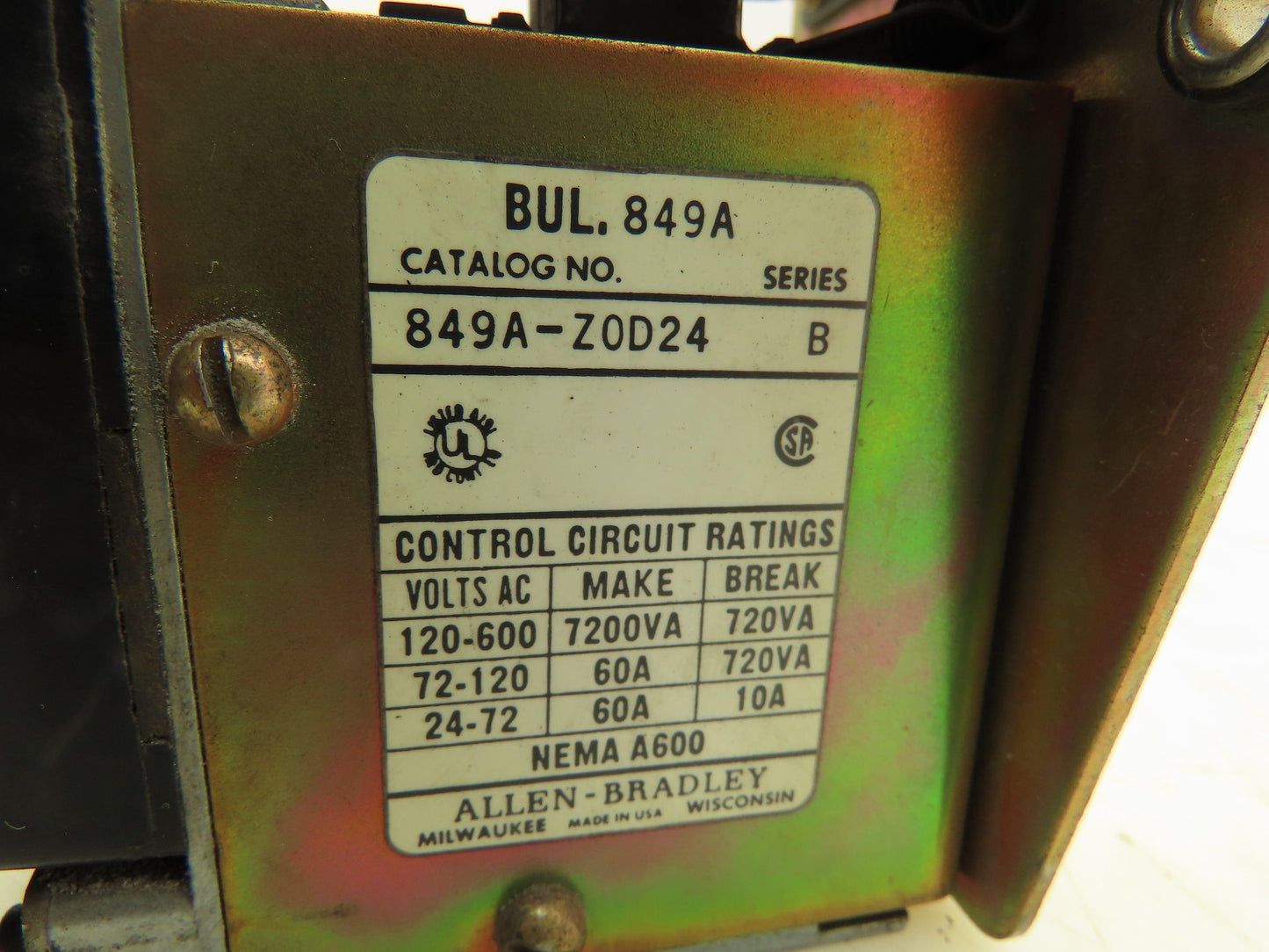 Allen Bradley 849A-ZOD24 Time Delay Relay 120-600VAC 60A 120V Coil Series B