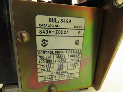 Allen Bradley 849A-ZOD24 Time Delay Relay 120-600VAC 60A 120V Coil Series B